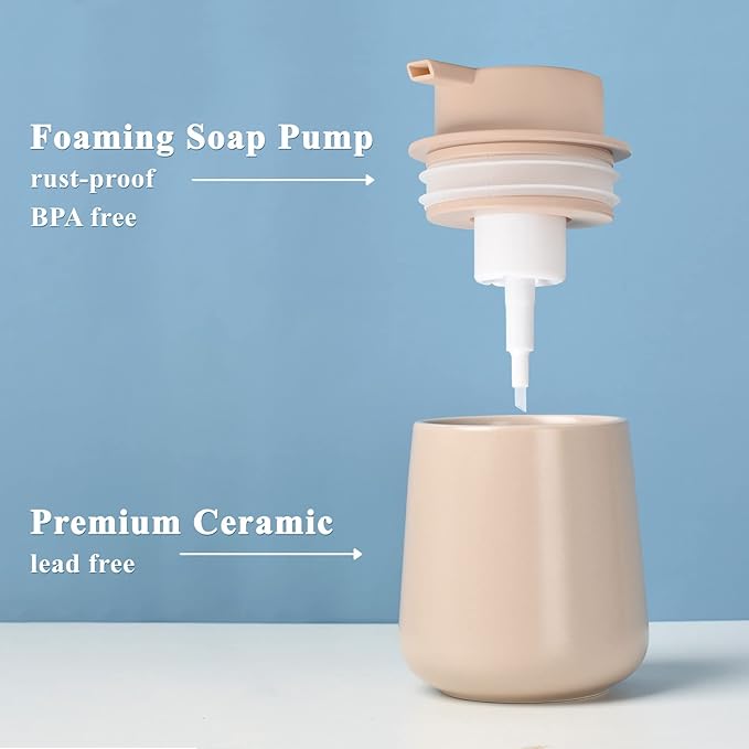 BosilunLife Foam Hand Soap Dispenser - 12 oz Bathroom Lotion Pump for Kitchen and Hand Wash - Khaki Ceramic Dish Liquid Dispenser-NeatNest