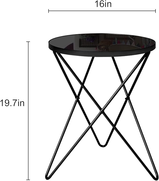 HLR Modern Round Side Table, End Table with Marble Effect Top and Gold Metal Frame, Small Side Table for Living Room, Bedroom, Sofa and Couch, Black Legs, Black Glass top