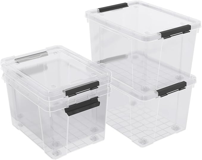 32 Quart Clear Plastic Latch Storage Bins with Wheels, 4 Pack Large Clear Plastic Storage Box with Lid