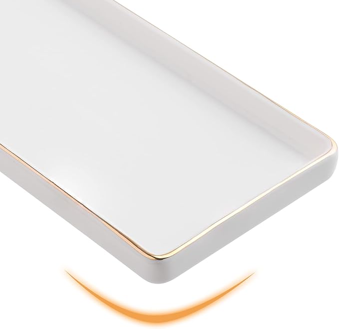 Gurygo 10" Bathroom Tray, Ceramic Vanity Trays for Bathroom, Small Ceramic Tray, Kitchen Soap Trays for Kitchen Counter (White with Gold-Edged, 10",Set/1)-NeatNest