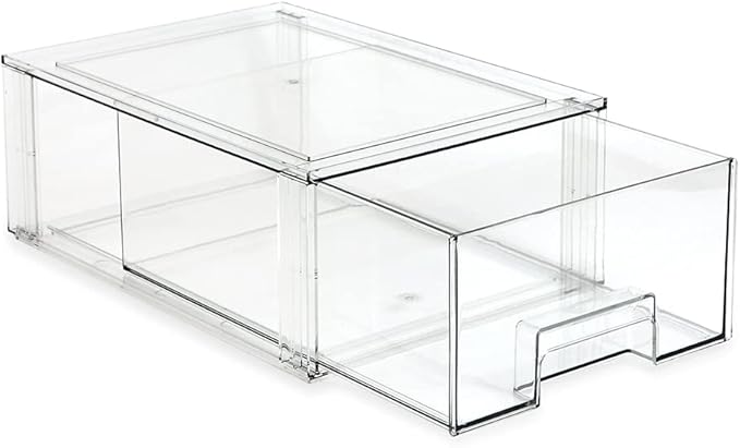 Isaac Jacobs Large Stackable Organizer Drawer (13.5” x 9.9” x 5.4”), Clear Plastic Storage Box, Pull-Out Bin, Home, Office, Closet & Shoe Organization, BPA-Free, Food/Fridge/Freezer Safe (Large)