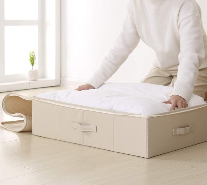 Folding Under Bed Shoes Storage Organiser Bins with Lid, Underbed Clothes Organizer Basket, Garment Storage Boxes, Beige-NeatNest