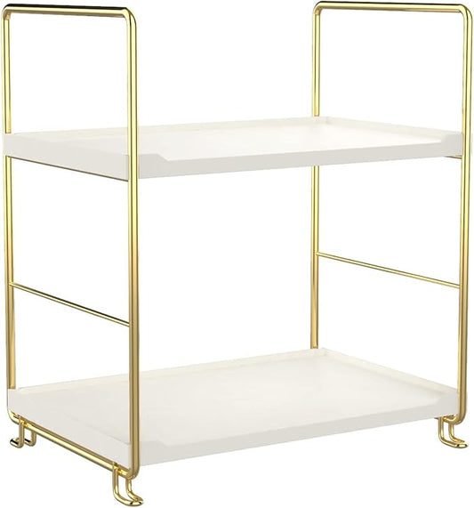 2-Tier Kitchen Spice Rack - Freestanding Stackable Bathroom Countertop Storage Shelf - Cosmetic Organizer Holder- Square Standing Rack (Golden)-NeatNest