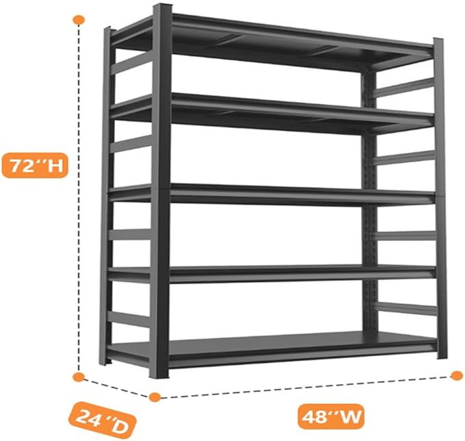 Garage Shelving, Storage Shelves Heavy Duty, 5-Tier Adjustable Black Shelving, 3000Lbs Utility Shelf for Garage/Basement/Kitchen, 72”H×48”W×24”D-NeatNest