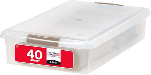 IRIS USA 40 Qt Plastic Under Bed Storage Nestable Organizer Bin Container with Secure Lids and Durable Buckles, 1-Pack, Under Bed Storage Containers for Clothes Shoes Bedding, Gray/Clear-NeatNest