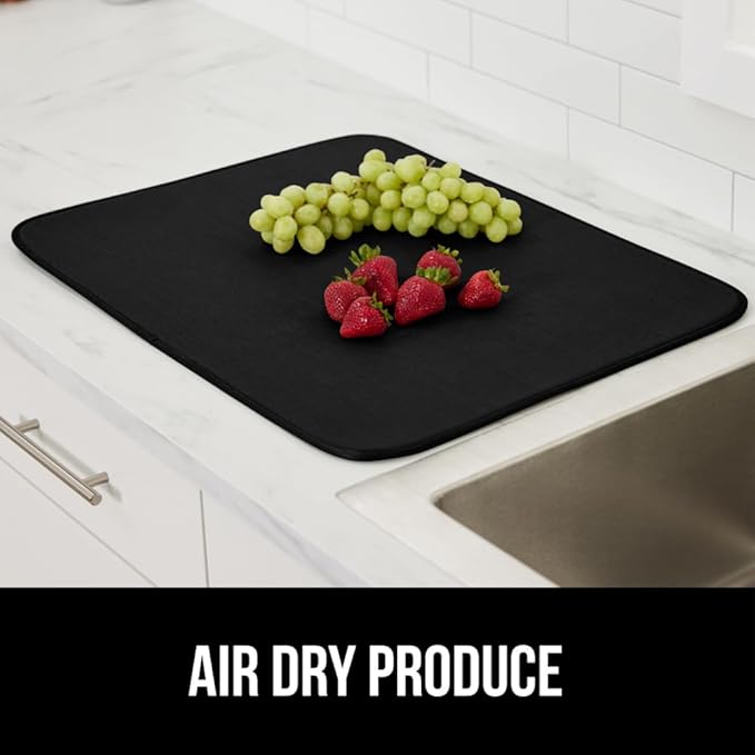 GORILLA GRIP Ultra Water Absorbent Microfiber Dish Drying Mat, Quick Dry Thick Mesh, Slip Resistant Pad for Sink Dishes or Under Rack, Kitchen Counter Accessories, 16x18, Machine Wash, 2 Pack Black
