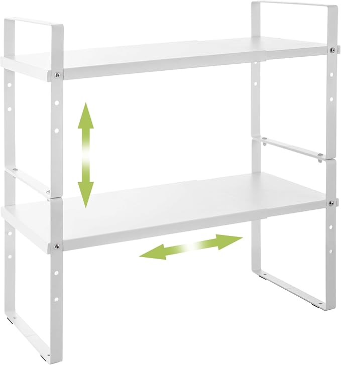 Expandable Cabinet Shelf Organizer Rack, Stackable Kitchen Counter Storage Shelves Stand, Adjustable Height Pantry Shelf Spice Rack (White, 2 Pack)-NeatNest