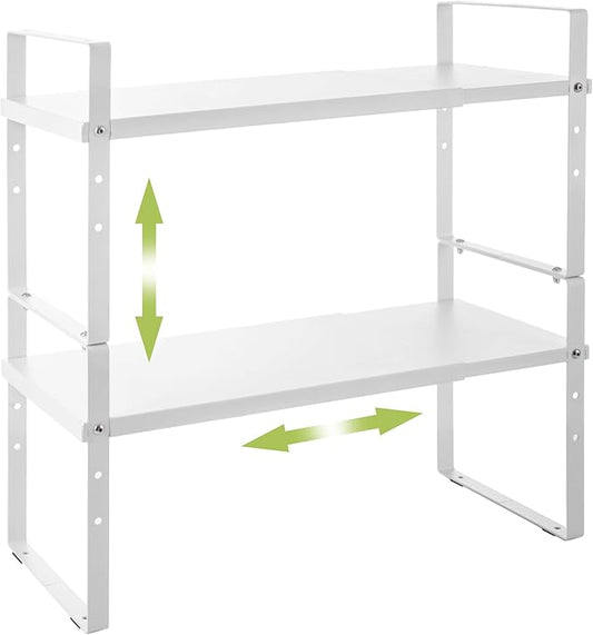 Expandable Cabinet Shelf Organizer Rack, Stackable Kitchen Counter Storage Shelves Stand, Adjustable Height Pantry Shelf Spice Rack (White, 2 Pack)-NeatNest