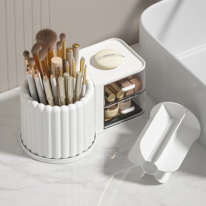 Makeup Organizer Countertop,360 Rotating Makeup Brush Holder with 2 Drawer Organizer, Small Preppy Kids Desk Organizer|9.25x5.11inch|White-NeatNest
