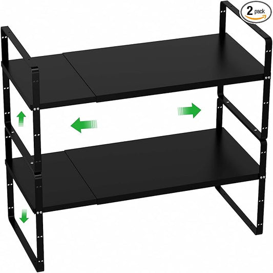 Cabinet Organizer Shelves,Expandable Spice Racks in Cabinet,Countertop Cupboard Pantry Shelves,Adjustable Storage Racks for Kitchen Bathroom Under Sink,2 Packs,8.07" D,Black