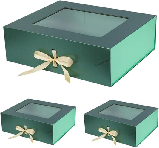 3 Pcs Extra Large Green Gift Box for Presents with Ribbon 19x16x6 Inches Clear Gift Box with Window Magnetic Closure Gift Boxes with Lids-NeatNest