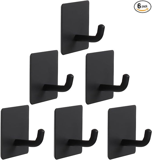 Bath Towel Hooks - 6 Pack Strong Self Adhesive Coat/Clothes Hooks, No Drilling Sticky Hooks, Heavy Duty 304 Stainless Steel Shower Wall Hook for Bathroom Kitchen Bedroom(Matte Black)