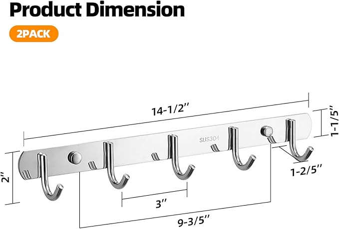 2 Pack 5 Single-Hook Wall Coat Rack - Thickened 304 Stainless Steel Coat Rack Wall Mount, Brushed Nickel Coat Racks for Wall, Silver Wall Mount Hooks for Living Room, Kitchen, Bathroom, Silver