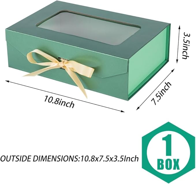 Green Gift Box for Presents with Ribbon 10.8x7.5x3.5 Inches Clear Gift Box with Window Magnetic Closure Gift Boxes with Lids-NeatNest