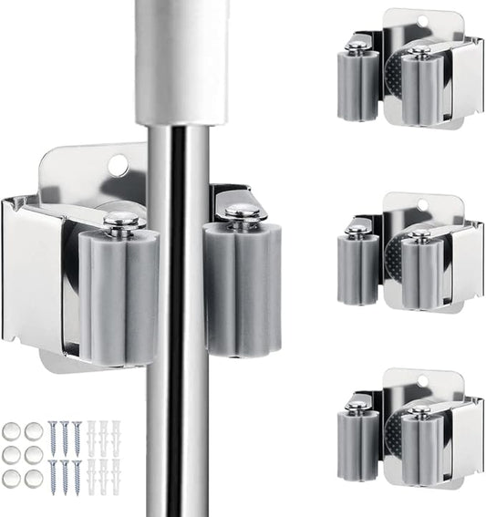 3PCS Broom and Mop Holder, Heavy Duty Garden Tool Organizer Rack Rake and Shovel Handle, Stainless Steel Mop Hanger. Wall Mounted Utility Rack with Screws, Silver.-NeatNest