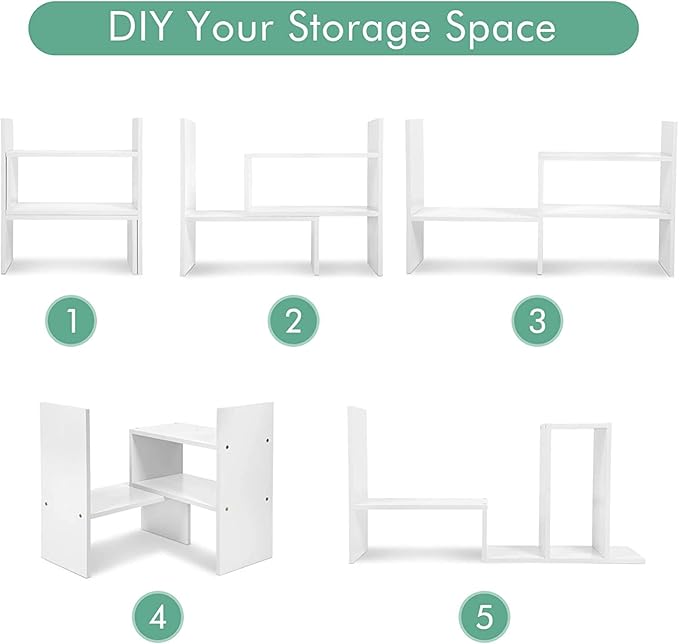 Aleiodvn Expandable Wood Desktop Bookshelf,Desktop Organizer Office Storage Rack,Free Style Rotation Display Shelf,Adjustable Desk Hutch Corner Desk Storage Shelf,Desk Top Shelfing,Home Decor(White)-NeatNest