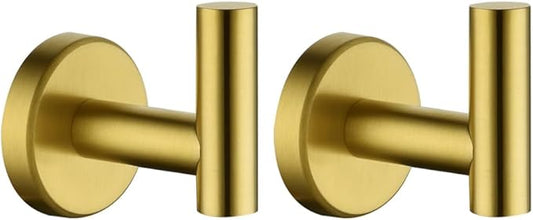 JQK Bathroom Towel Hook Brushed Gold, Brass Coat Robe Clothes Hook for Bathroom Kitchen Garage Wall Mounted (Pack of 2), SUS 304 Stainless Steel 0.8mm, TH100-BG-P2-NeatNest