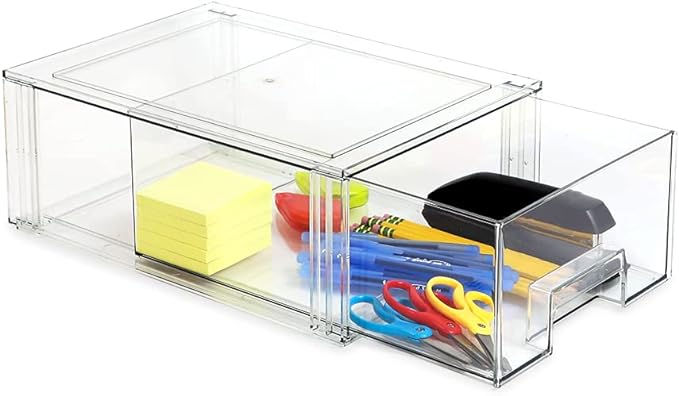 Isaac Jacobs Large Stackable Organizer Drawer (13.5” x 9.9” x 5.4”), Clear Plastic Storage Box, Pull-Out Bin, Home, Office, Closet & Shoe Organization, BPA-Free, Food/Fridge/Freezer Safe (Large)