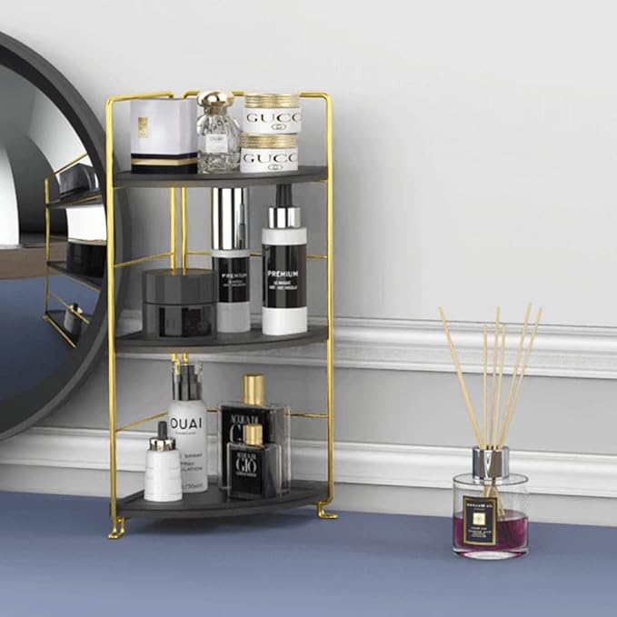 3-Tier Bathroom Countertop Organizer, Vanity Tray Cosmetic & Makeup Storage, Kitchen Spice Rack Standing Shelf, Corner Storage Shelf, Black & Golden-NeatNest