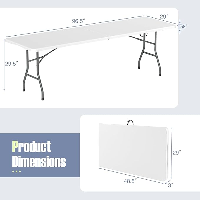 Goplus 8ft Plastic Folding Table, 350 LBS Outdoor Heavy Duty Folding Tables with HDPE Tabletop, Handle, Lock, Foldable Rectangle Portable Utility Card Table for Picnic, Party, Camping, Dining-NeatNest