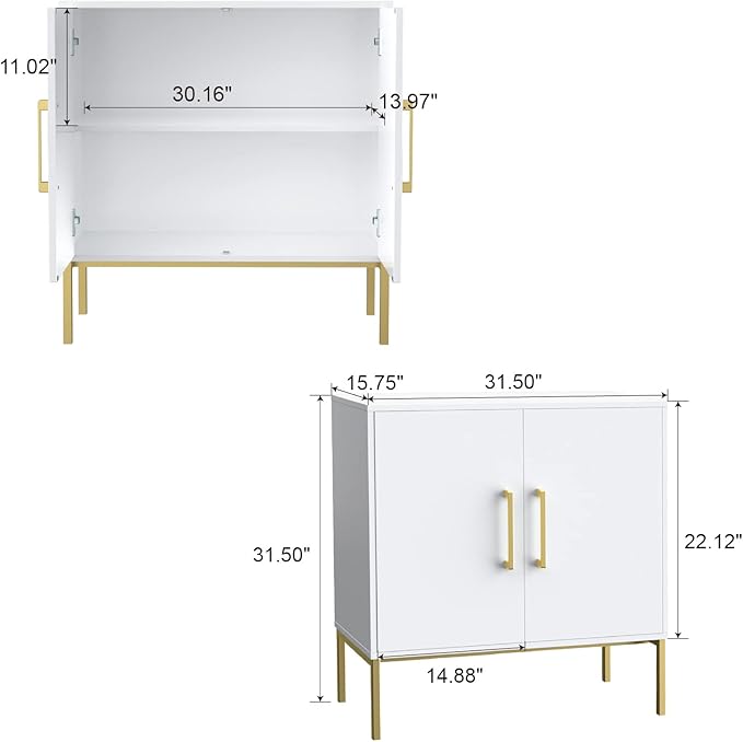 JOZZBY Buffet Sideboard Cabinet with Storage, Modern Wooden Cabinet with Adjustable Shelves, White and Gold Cabinets for Living Room, Kitchen, Hallway, Set of 2