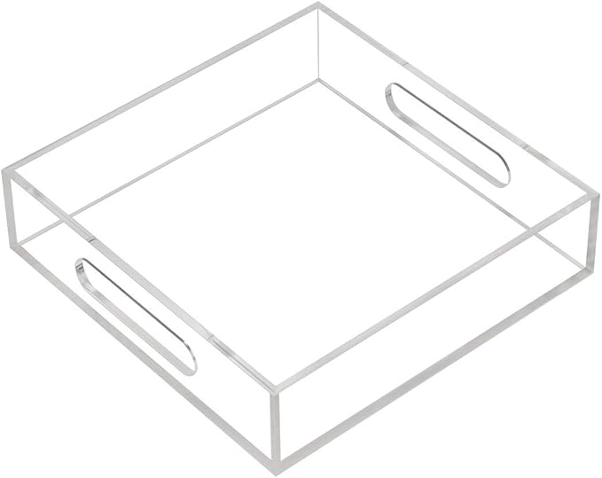 Clear Sturdy Acrylic Tray with Handles-8"x8"x2"H-Countertop Organizer Tray for Kitchen,Bathroom,Office- Storage Box for Cosmetics, Jewelry,Toiletries,Toy,Gadgets-NeatNest