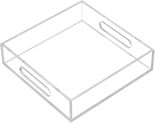 Clear Sturdy Acrylic Tray with Handles-8"x8"x2"H-Countertop Organizer Tray for Kitchen,Bathroom,Office- Storage Box for Cosmetics, Jewelry,Toiletries,Toy,Gadgets-NeatNest