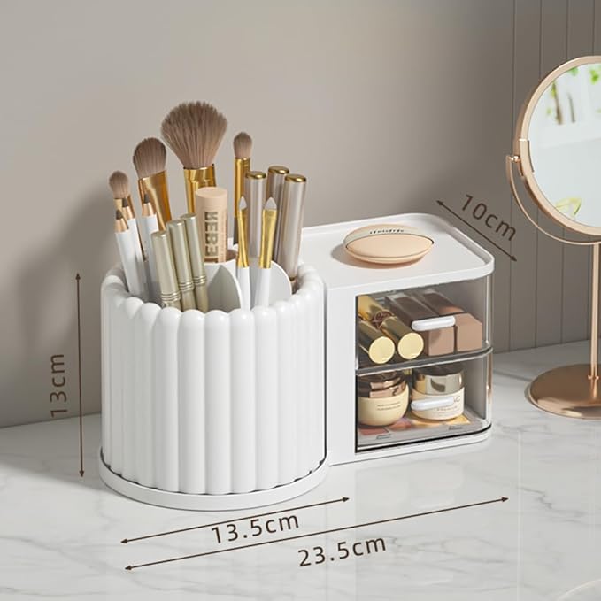 Makeup Organizer Countertop,360 Rotating Makeup Brush Holder with 2 Drawer Organizer, Small Preppy Kids Desk Organizer|9.25x5.11inch|White-NeatNest
