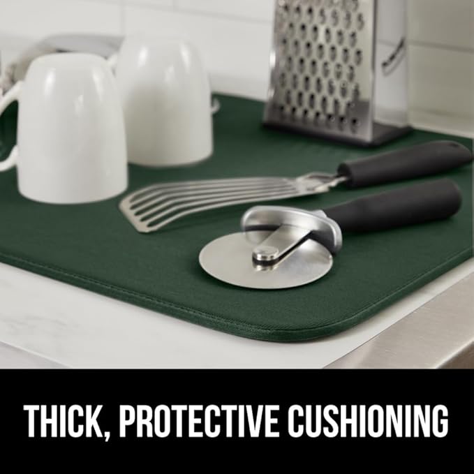 GORILLA GRIP Ultra Water Absorbent Microfiber Dish Drying Mat, 18x32, Quick Dry Thick Mesh, Slip Resistant Pad for Sink Dishes or Under Rack, Kitchen Counter Accessories, Machine Wash, Hunter Green