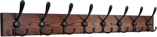 IBosins Wall Mounted Coat Rack, 31-2/5'' Long, Entryway Hanging Rack, Metal Wood Coat Hooks Rack with 8 Black Rustic Tri-Hooks Rail for Coat, Bag, Towel, Key, Hat, Umbrella-NeatNest