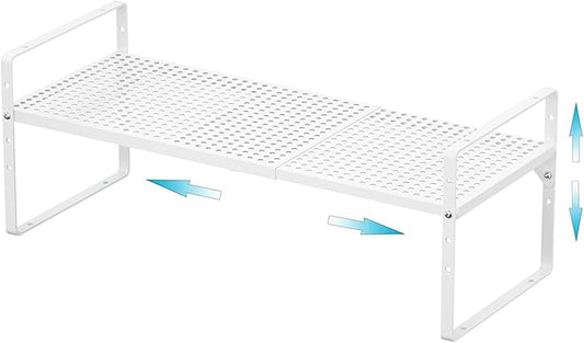 iPEGTOP Large Expandable Cabinet Storage Shelf Organizer Rack, Heavy Duty Stackable Steel Metal Spice Rack Adjustable Height Home Office Pantry Garage Shelf for Counter Kitchen, White - 1 Pack-NeatNest