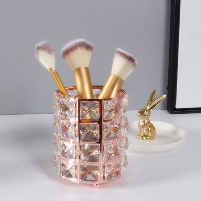 AKOAK 1 Pack Crystal Makeup Brush Holder Office Supplies Storage Rack Eyebrow Pencil/Lipstick/Pencil Makeup Container, Dressing Table, Bedroom, Office (Rose Gold)-NeatNest