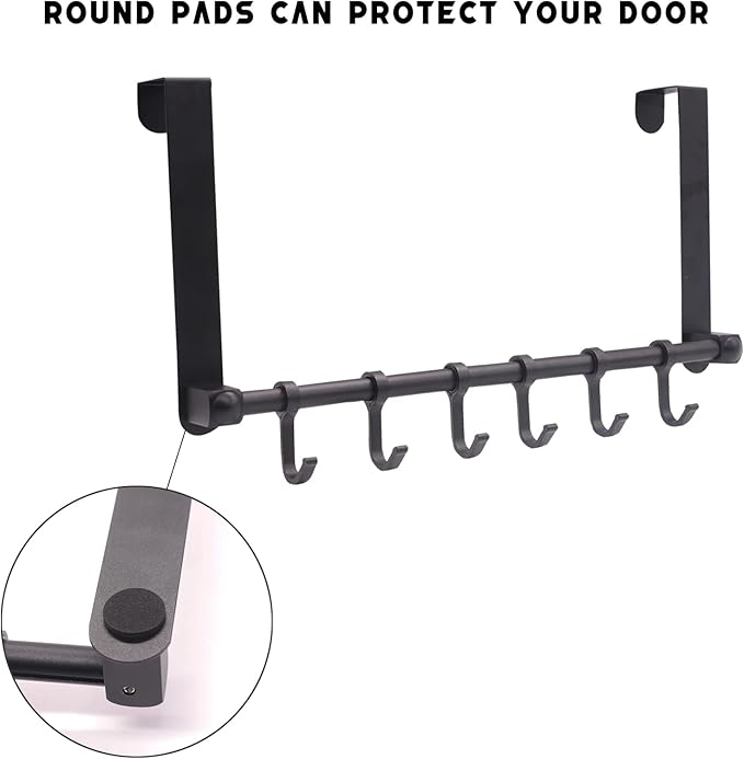 Over The Door Hooks Door Hanger, Moving 6-Hooks Over Door Coat Rack for Hanging, Aluminum Heavy Duty Door Organizer for Towel Robe Hat Bag, Behind Back of Door Bathroom (Black)