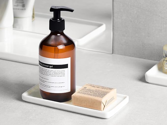 Gurygo 6" Small Ceramic Bathroom Tray for Kitchen Counter - Rectangle Ceramic Sink Tray for Bathroom Counter - Porcelain Dispenser Organizer for Kitchen Bathtub Counter, White-NeatNest