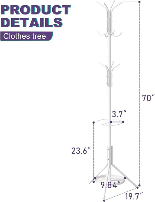Coat Rack Freestanding Entryway Hanger Stand, Umbrella Holder, Hall Tree With 12 Hooks, Floor Standing Metal Tree Stand, White-NeatNest