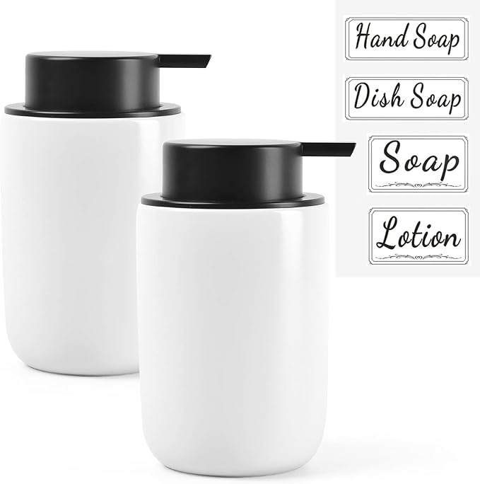 BosilunLife Foaming Soap Dispenser Set - White Ceramic Foam Hand Dispenser 12oz Soap Dispenser Set with Rust Proof Pump, 4Pcs Clear Stickers for Kitchen, Bathroom - 2 Pack-NeatNest