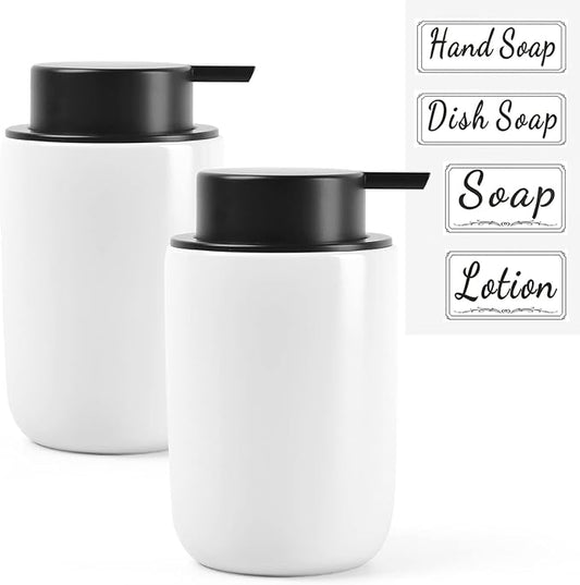BosilunLife Foaming Soap Dispenser Set - White Ceramic Foam Hand Dispenser 12oz Soap Dispenser Set with Rust Proof Pump, 4Pcs Clear Stickers for Kitchen, Bathroom - 2 Pack-NeatNest