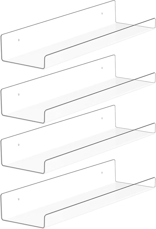 4 Pack Acrylic Shelves for Wall Storage,15" Floating Bookshelves for Kids, Display Shelf for Bathroom, Bedroom,Decor, Clear