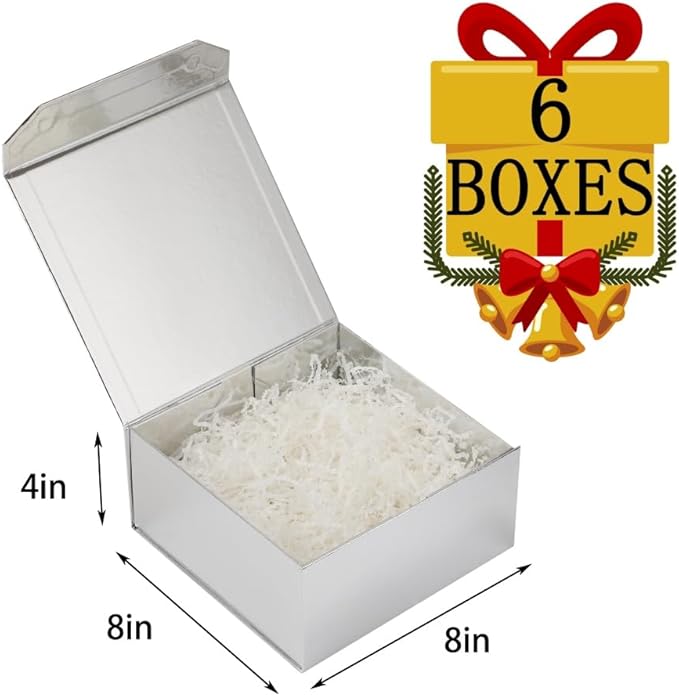 6 Pcs Small Silver Gift Box 8x8x4 Inch Magnetic Gift Box Small Magnetic Box with Crinkle Paper Silver Small Gift Box with Shredded Paper Luxury Gift Boxes with Lids for Presents-NeatNest