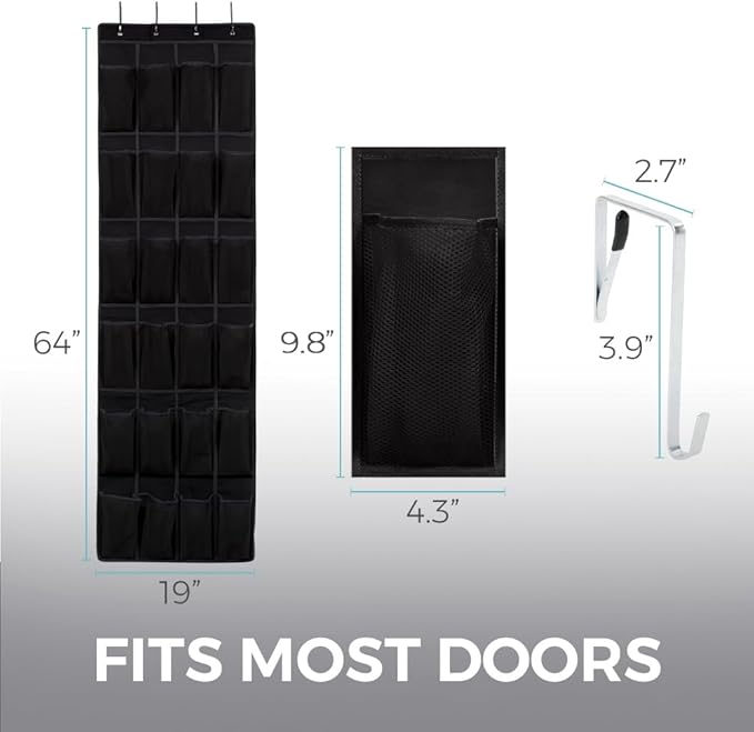 HOME GENIE Over the Door Hanging Shoe Organizer, 24 Breathable Mesh Pockets, Closet Rack Storage Holder, Stay in Place Hooks Hang on Closets, Hanger Holds Up to 40 lbs for Shoes, Accessories, Black-NeatNest