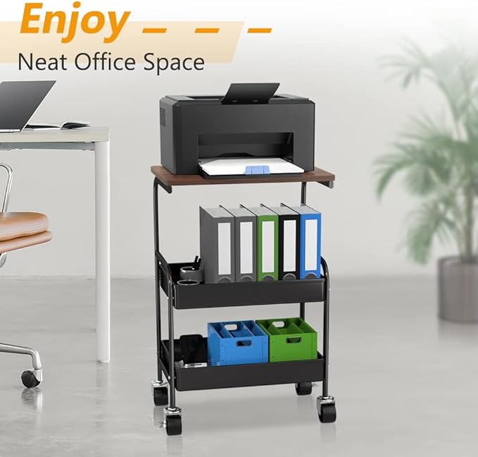 Rolling Cart with Wooden Tabletop, 3 Tier Metal Utility Cart, Rolling Storage Organizer Cart with Lockable Wheels for Kitchen, Office, Bedroom (Black)