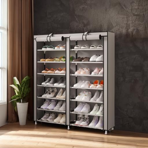 MOYIPIN Shoe Rack Storage Organizer, Double Row Portable Nonwoven Fabric Cover Shoe Rack Holds up to 28 Pairs 36.2 x 11.2 x49.2 Inches Grey-NeatNest