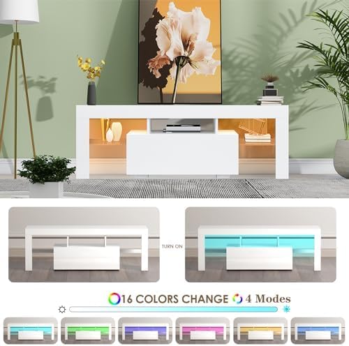 HOUAGI LED TV Stand for Televisions up to 55 Inchs, Black Modern Entertainment Center with Storage Drawer and Glass Shelf, TV Console Table for Living Room,Bedroom, 50in-NeatNest