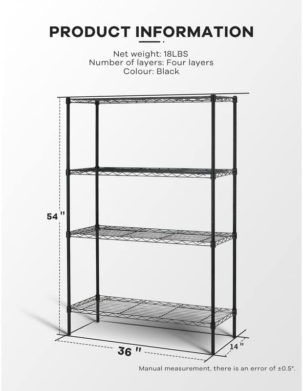 4-Tier Storage Shelves Adjustable,Wire Shelving Heavy Duty Storage Rack Metal Shelf Organizer Wire Rack Shelf for Pantry Garage Kitchen 36" D x14 W x 54" H -Black-NeatNest