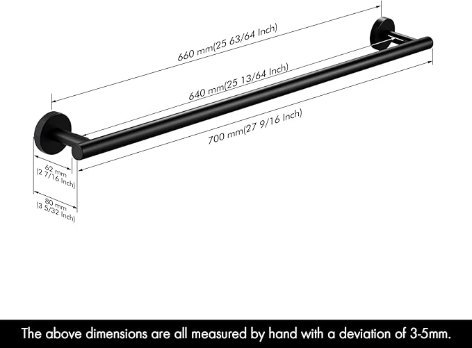 KES 25.2 Inches Black Towel Bar for Bathroom, Hand Towel Holder, Towel Bar Wall Mount, SUS304 Stainless Steel Matte Black, Total Length 27.6 Inch, A2000S70B-BK