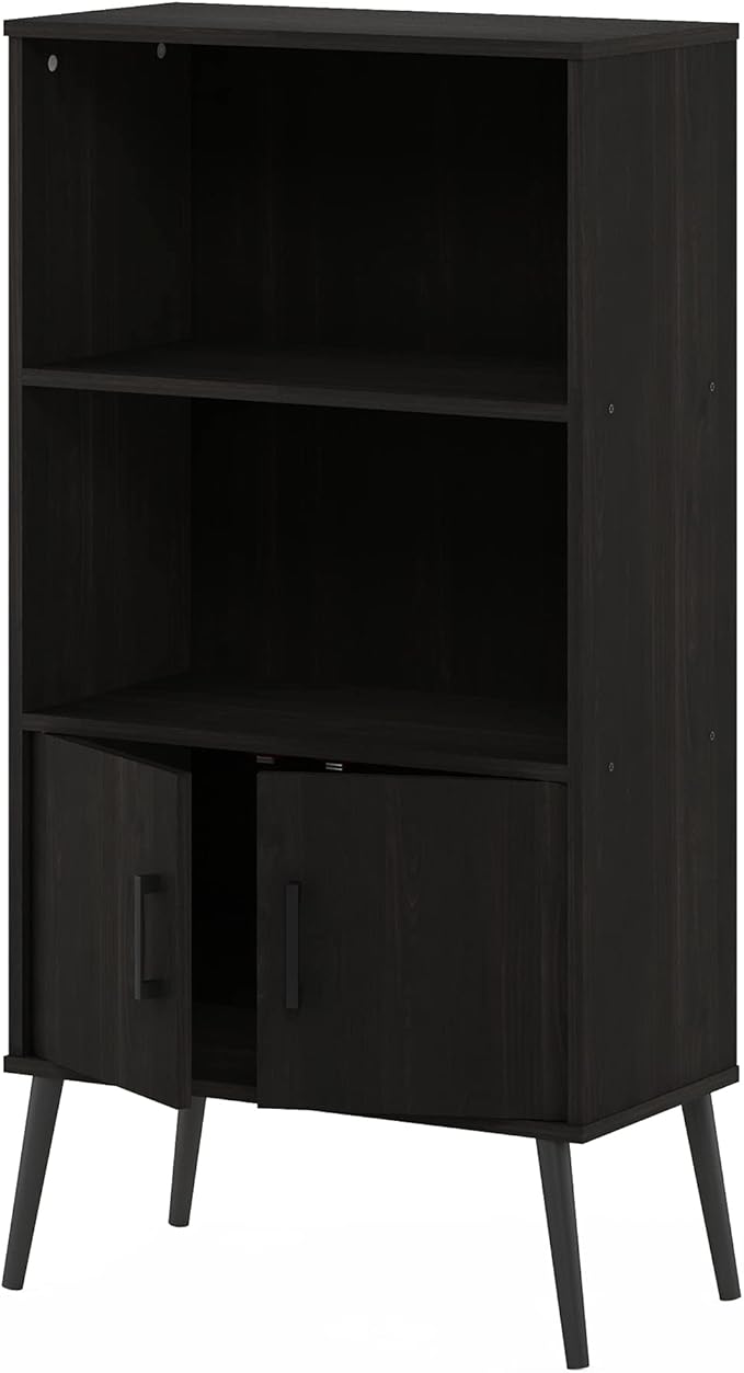 Furinno Claude Mid Century Style Accent Wooden Leg Bookcase Cabinet with Storage Organizer Shelves, Espresso