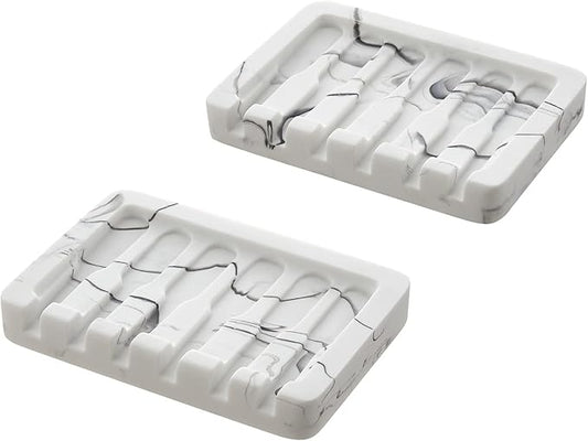 2PCS Self Draining Soap Dish - Marble Look Soap Holder Tray Savers Box Container Sponge Holder for Bathroom Shower Kitchen, White-NeatNest