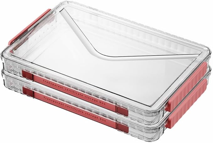 2 Pack Clear Plastic File Storage Boxes with Latching Lids, Transparent Certificate Organizer, Portable Project Case for Drawers, Clear Stackable File Box for A4 Files (‎Red Latches, Small)