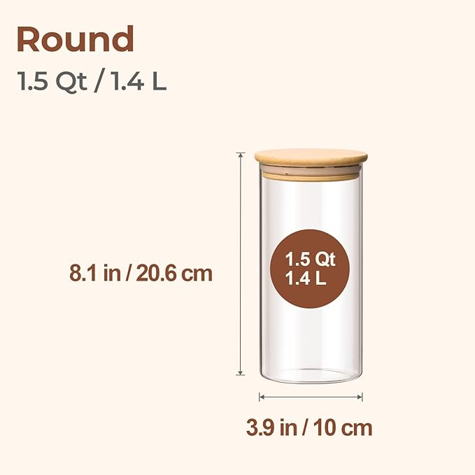 ComSaf Airtight Glass Storage Canister with Wood Lid(1.5 Qt), Set of 3 Glass Jars with Lids, Clear Food Storage Container Jar with Sealing Lids for Dry Food Cereal Oat Sugar Tea Coffee Beans, Round-NeatNest