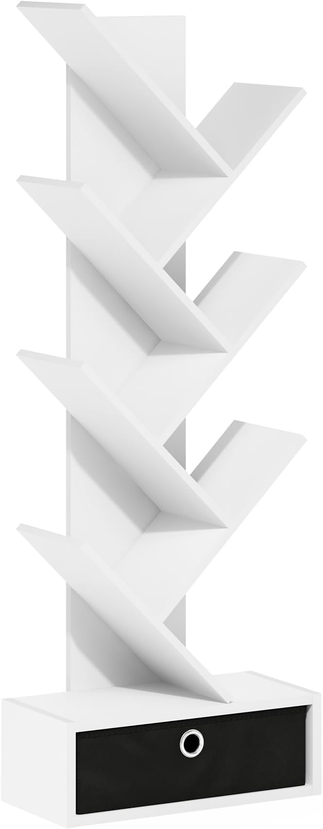 Furinno Tree Bookshelf 7-Tier Floor Standing Tree Bookcase with Bin Drawer, White/Black